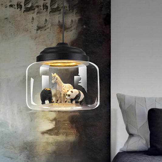 Hanging Lamp for Bedroom, Adjustable Modern Glass Cylinder Pendant Lighting with Animals Decoration (Random shipments of Animals) Black Clearhalo 'Ceiling Lights' 'Glass shade' 'Glass' 'Pendant Lights' 'Pendants' Lighting' 252273