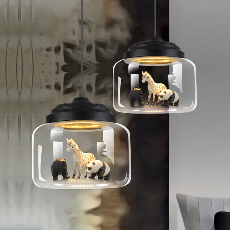 Hanging Lamp for Bedroom, Adjustable Modern Glass Cylinder Pendant Lighting with Animals Decoration (Random shipments of Animals) Clearhalo 'Ceiling Lights' 'Glass shade' 'Glass' 'Pendant Lights' 'Pendants' Lighting' 252274