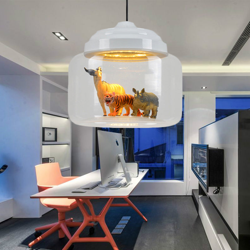 Hanging Lamp for Bedroom, Adjustable Modern Glass Cylinder Pendant Lighting with Animals Decoration (Random shipments of Animals) White Clearhalo 'Ceiling Lights' 'Glass shade' 'Glass' 'Pendant Lights' 'Pendants' Lighting' 252275