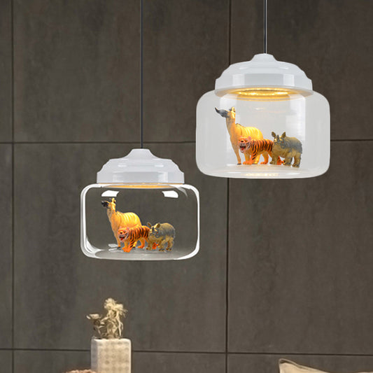 Hanging Lamp for Bedroom, Adjustable Modern Glass Cylinder Pendant Lighting with Animals Decoration (Random shipments of Animals) Clearhalo 'Ceiling Lights' 'Glass shade' 'Glass' 'Pendant Lights' 'Pendants' Lighting' 252276