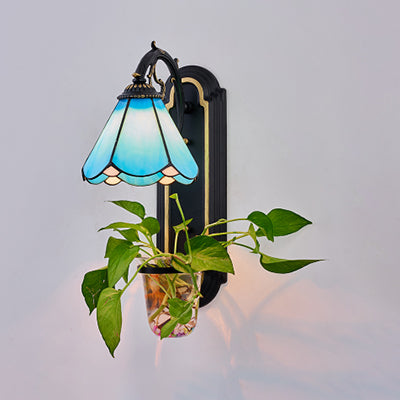 Mediterranean Cone Sconce Lighting 1 Head Blue/White Glass Wall Light Fixture with Plant Decoration Blue Clearhalo 'Industrial' 'Middle century wall lights' 'Tiffany wall lights' 'Tiffany' 'Wall Lamps & Sconces' 'Wall Lights' Lighting' 25227