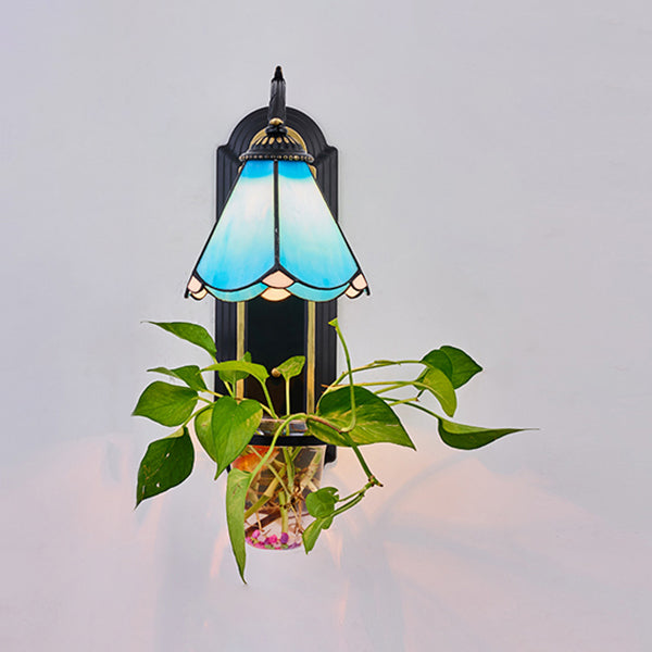 Mediterranean Cone Sconce Lighting 1 Head Blue/White Glass Wall Light Fixture with Plant Decoration Clearhalo 'Industrial' 'Middle century wall lights' 'Tiffany wall lights' 'Tiffany' 'Wall Lamps & Sconces' 'Wall Lights' Lighting' 25228