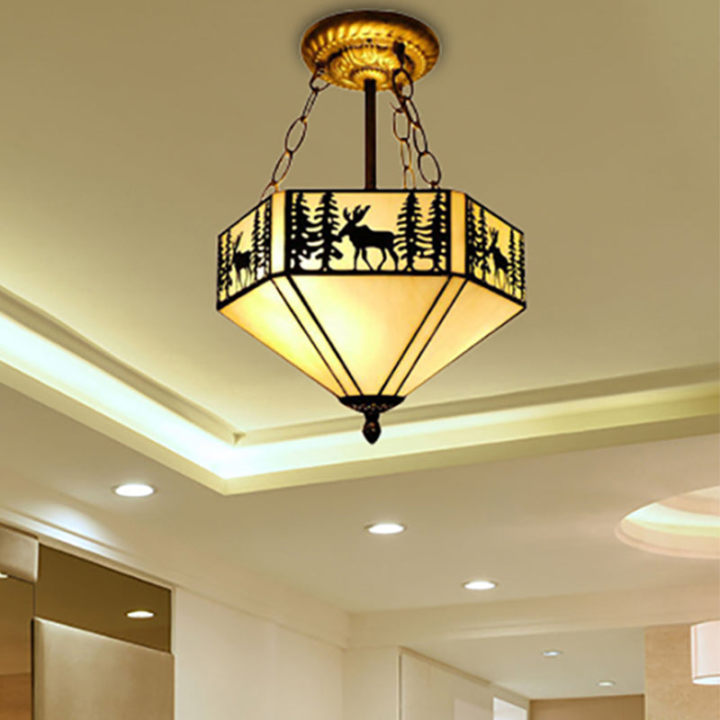 Forest Deer Restaurant Ceiling Lamp Glass American Rustic Inverted 11"/18"22" Wide Semi Flush Mount Light in Beige Clearhalo 'Ceiling Lights' 'Close To Ceiling Lights' 'Close to ceiling' 'Glass shade' 'Glass' 'Semi-flushmount' 'Tiffany close to ceiling' 'Tiffany' Lighting' 252288