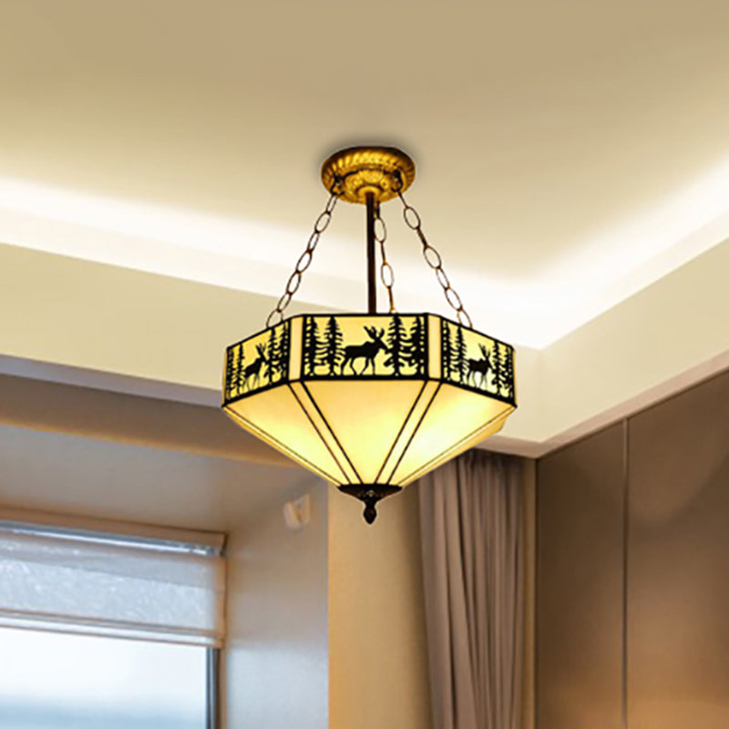Forest Deer Restaurant Ceiling Lamp Glass American Rustic Inverted 11"/18"22" Wide Semi Flush Mount Light in Beige Beige 18" Clearhalo 'Ceiling Lights' 'Close To Ceiling Lights' 'Close to ceiling' 'Glass shade' 'Glass' 'Semi-flushmount' 'Tiffany close to ceiling' 'Tiffany' Lighting' 252289