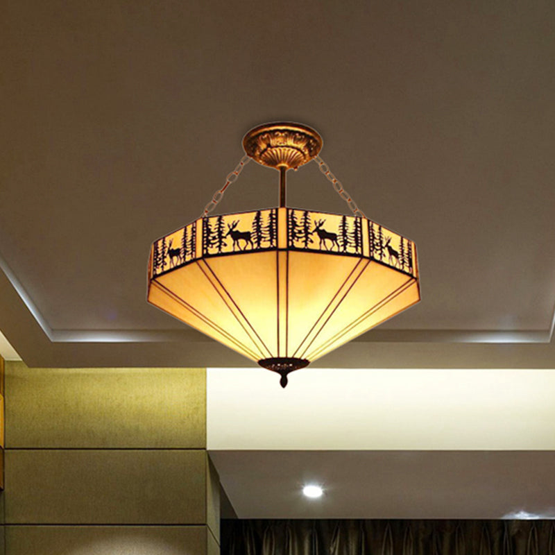 Forest Deer Restaurant Ceiling Lamp Glass American Rustic Inverted 11"/18"22" Wide Semi Flush Mount Light in Beige Beige 22" Clearhalo 'Ceiling Lights' 'Close To Ceiling Lights' 'Close to ceiling' 'Glass shade' 'Glass' 'Semi-flushmount' 'Tiffany close to ceiling' 'Tiffany' Lighting' 252290
