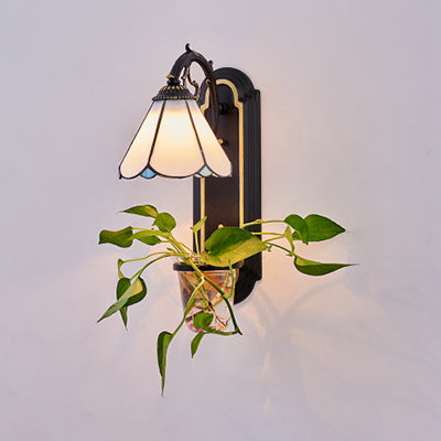 Mediterranean Cone Sconce Lighting 1 Head Blue/White Glass Wall Light Fixture with Plant Decoration White Clearhalo 'Industrial' 'Middle century wall lights' 'Tiffany wall lights' 'Tiffany' 'Wall Lamps & Sconces' 'Wall Lights' Lighting' 25230