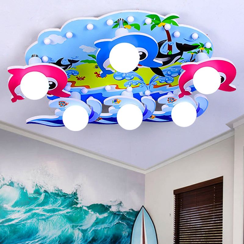 Blue Beach Ceiling Lamp 6 Lights Cartoon Wood Ceiling Mount Light with Dolphin for Kindergarten Clearhalo 'Ceiling Lights' 'Close To Ceiling Lights' 'Close to ceiling' 'Flush mount' Lighting' 252309