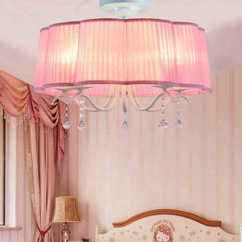 Drum Chandelier for Bedroom, 5 Lights Fabric Semi Flush Mount Light for Girls with Clear Crystal Decoration Modern Style Pink Clearhalo 'Ceiling Lights' 'Close To Ceiling Lights' 'Close to ceiling' 'Semi-flushmount' Lighting' 252312