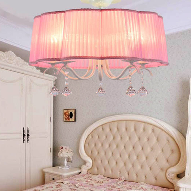 Drum Chandelier for Bedroom, 5 Lights Fabric Semi Flush Mount Light for Girls with Clear Crystal Decoration Modern Style Clearhalo 'Ceiling Lights' 'Close To Ceiling Lights' 'Close to ceiling' 'Semi-flushmount' Lighting' 252313