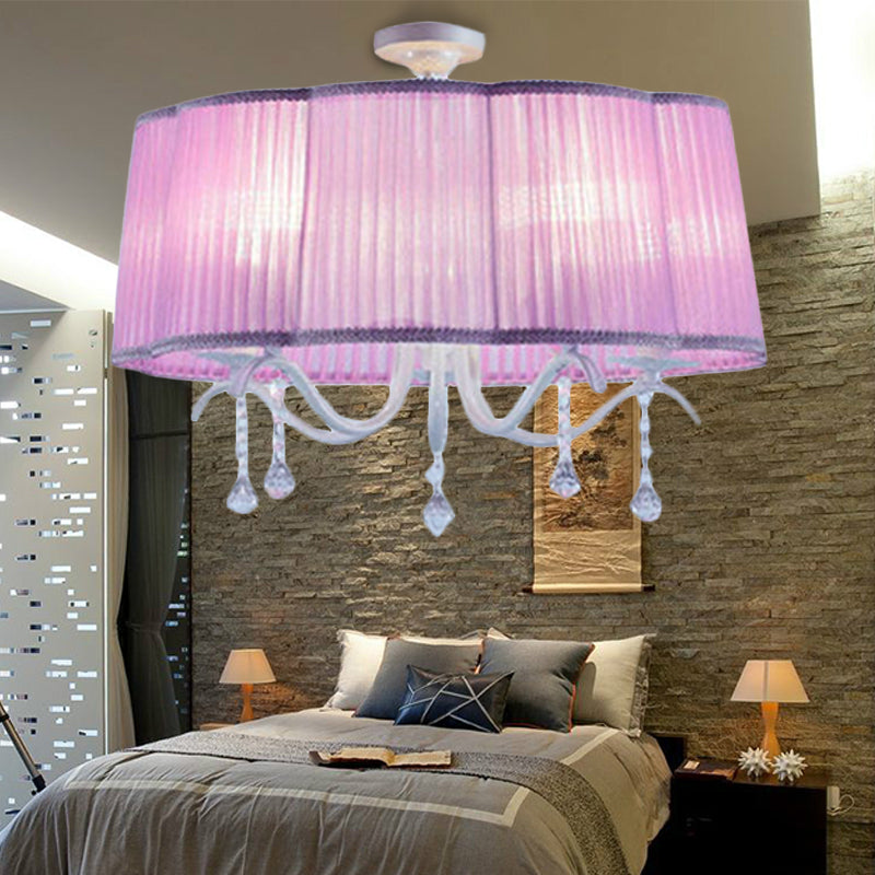 Drum Chandelier for Bedroom, 5 Lights Fabric Semi Flush Mount Light for Girls with Clear Crystal Decoration Modern Style Clearhalo 'Ceiling Lights' 'Close To Ceiling Lights' 'Close to ceiling' 'Semi-flushmount' Lighting' 252315