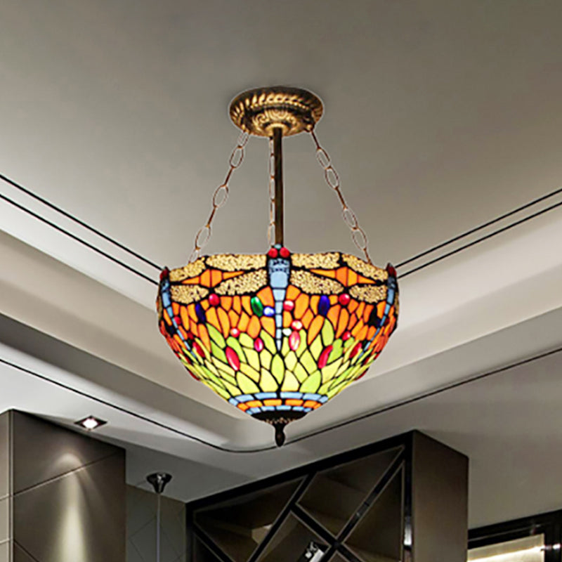12"/16" Wide Stained Glass Dragonfly Ceiling Light Villa Rustic Tiffany Inverted Semi Flush Ceiling Lamp in Orange Clearhalo 'Ceiling Lights' 'Close To Ceiling Lights' 'Close to ceiling' 'Glass shade' 'Glass' 'Semi-flushmount' 'Tiffany close to ceiling' 'Tiffany' Lighting' 252327