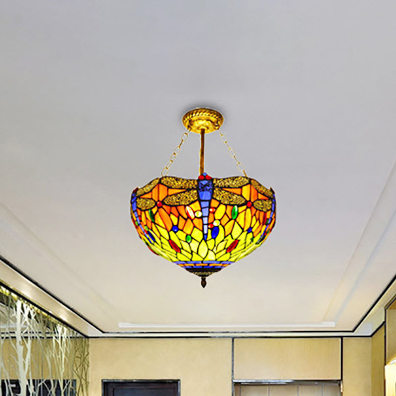 12"/16" Wide Stained Glass Dragonfly Ceiling Light Villa Rustic Tiffany Inverted Semi Flush Ceiling Lamp in Orange Orange 16" Clearhalo 'Ceiling Lights' 'Close To Ceiling Lights' 'Close to ceiling' 'Glass shade' 'Glass' 'Semi-flushmount' 'Tiffany close to ceiling' 'Tiffany' Lighting' 252328