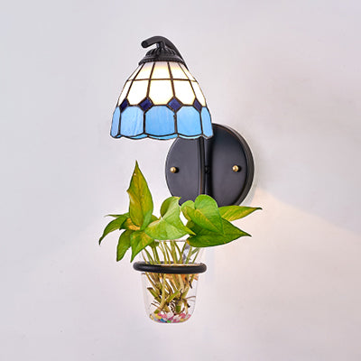1 Head Grid Patterned Wall Mount Light Tiffany Yellow/Orange/Clear Stained Glass Sconce Light with Plant Decoration Blue Clearhalo 'Industrial' 'Middle century wall lights' 'Tiffany wall lights' 'Tiffany' 'Wall Lamps & Sconces' 'Wall Lights' Lighting' 25233