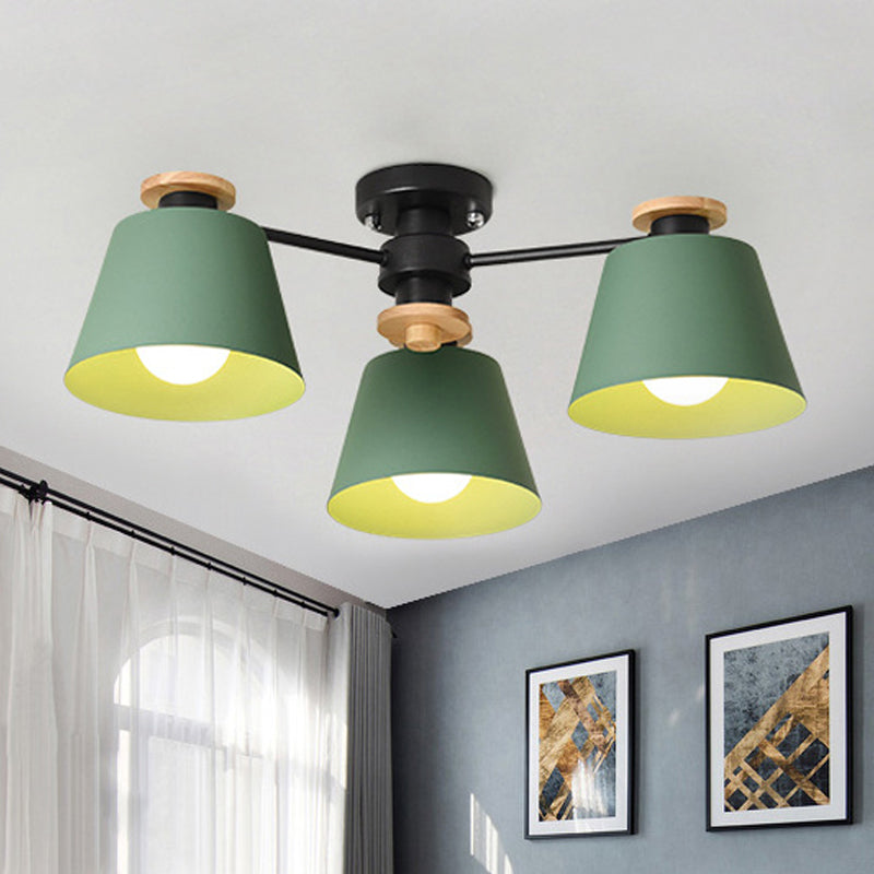 Metal Bucket Semi Flush Ceiling Light Adult Bedroom Three Bulbs Macaron Ceiling Fixture Clearhalo 'Ceiling Lights' 'Chandeliers' Lighting' options 252332