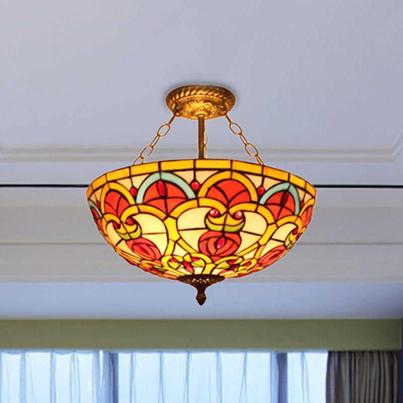 Tiffany Baroque Bowl Ceiling Light Stained Glass Inverted Semi Flush Mount Light in Green/Red for Villa Red Clearhalo 'Ceiling Lights' 'Close To Ceiling Lights' 'Close to ceiling' 'Glass shade' 'Glass' 'Pendant Lights' 'Semi-flushmount' 'Tiffany close to ceiling' 'Tiffany' Lighting' 252339