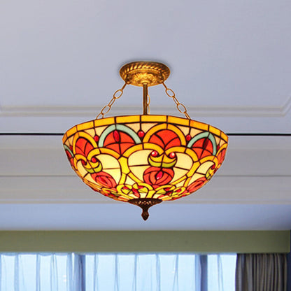 Tiffany Baroque Bowl Ceiling Light Stained Glass Inverted Semi Flush Mount Light in Green/Red for Villa Red Clearhalo 'Ceiling Lights' 'Close To Ceiling Lights' 'Close to ceiling' 'Glass shade' 'Glass' 'Pendant Lights' 'Semi-flushmount' 'Tiffany close to ceiling' 'Tiffany' Lighting' 252339