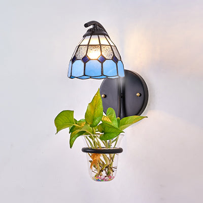 1 Head Grid Patterned Wall Mount Light Tiffany Yellow/Orange/Clear Stained Glass Sconce Light with Plant Decoration Clear Clearhalo 'Industrial' 'Middle century wall lights' 'Tiffany wall lights' 'Tiffany' 'Wall Lamps & Sconces' 'Wall Lights' Lighting' 25234