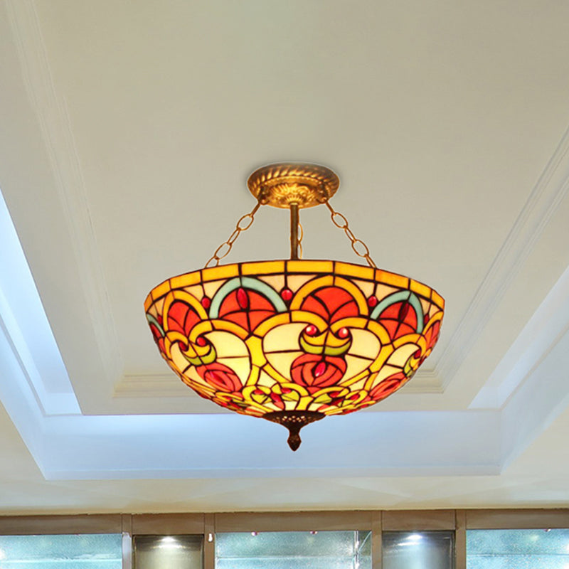 Tiffany Baroque Bowl Ceiling Light Stained Glass Inverted Semi Flush Mount Light in Green/Red for Villa Clearhalo 'Ceiling Lights' 'Close To Ceiling Lights' 'Close to ceiling' 'Glass shade' 'Glass' 'Pendant Lights' 'Semi-flushmount' 'Tiffany close to ceiling' 'Tiffany' Lighting' 252340