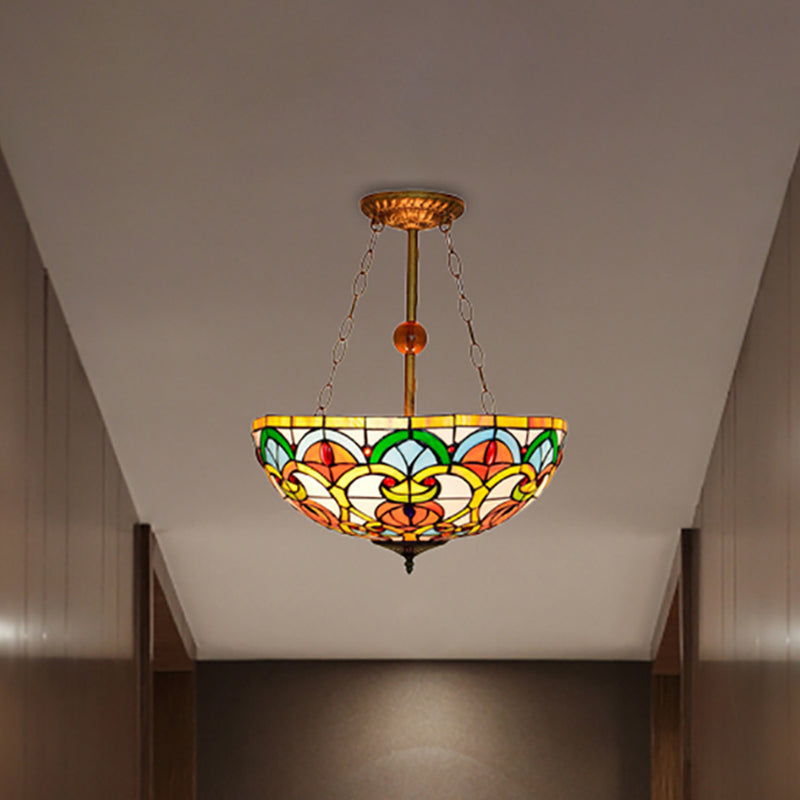 Tiffany Baroque Bowl Ceiling Light Stained Glass Inverted Semi Flush Mount Light in Green/Red for Villa Green Clearhalo 'Ceiling Lights' 'Close To Ceiling Lights' 'Close to ceiling' 'Glass shade' 'Glass' 'Pendant Lights' 'Semi-flushmount' 'Tiffany close to ceiling' 'Tiffany' Lighting' 252341