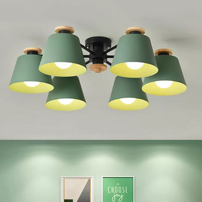 6 Heads Bucket Ceiling Light Macaron Loft Metal Semi Flushmount Light for Kindergarten Green Clearhalo 'Ceiling Lights' 'Chandeliers' Lighting' options 252348_aa3b0614-f079-4b84-990a-06cea515c0f3