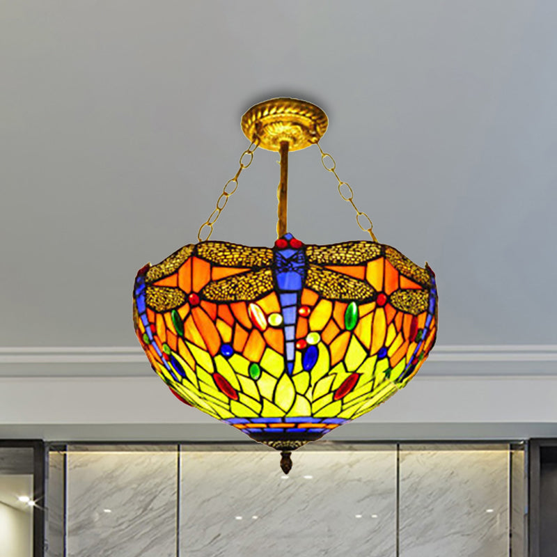 Lodge Dragonfly Semi Flush Ceiling Light Stained Glass Tiffany Rustic Orange/Yellow Ceiling Lamp for Cloth Shop Orange Clearhalo 'Ceiling Lights' 'Close To Ceiling Lights' 'Close to ceiling' 'Glass shade' 'Glass' 'Semi-flushmount' 'Tiffany close to ceiling' 'Tiffany' Lighting' 252356