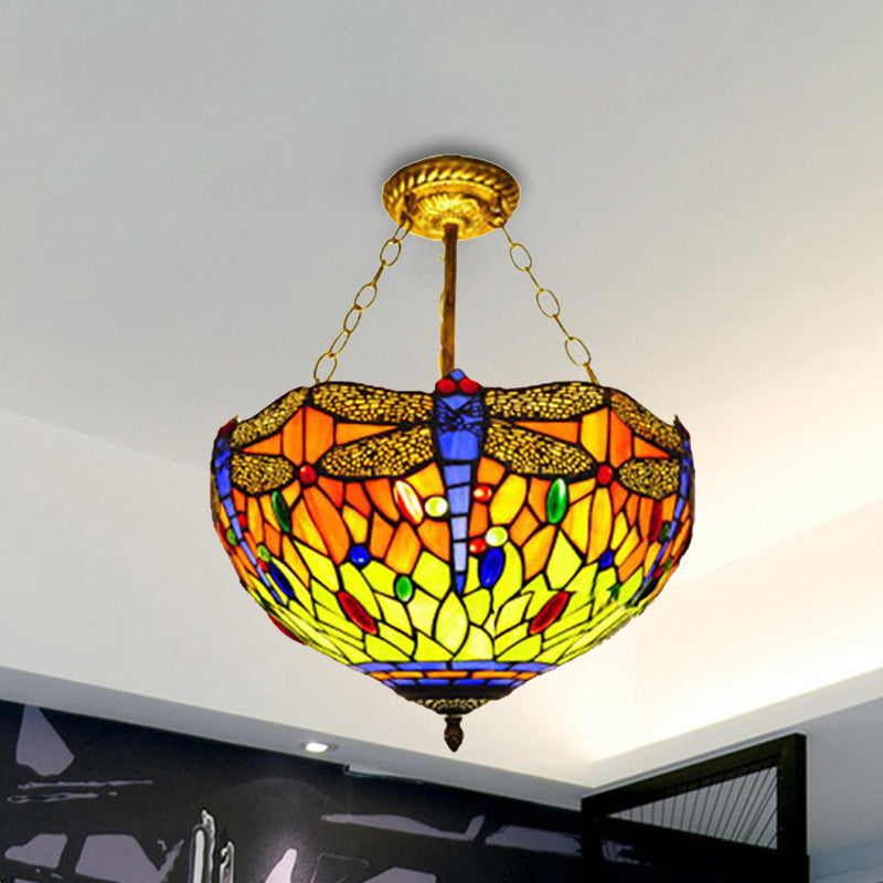 Lodge Dragonfly Semi Flush Ceiling Light Stained Glass Tiffany Rustic Orange/Yellow Ceiling Lamp for Cloth Shop Clearhalo 'Ceiling Lights' 'Close To Ceiling Lights' 'Close to ceiling' 'Glass shade' 'Glass' 'Semi-flushmount' 'Tiffany close to ceiling' 'Tiffany' Lighting' 252357