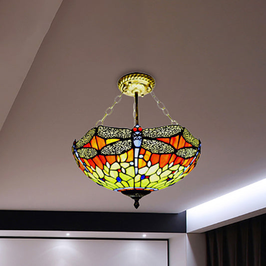 Lodge Dragonfly Semi Flush Ceiling Light Stained Glass Tiffany Rustic Orange/Yellow Ceiling Lamp for Cloth Shop Yellow Clearhalo 'Ceiling Lights' 'Close To Ceiling Lights' 'Close to ceiling' 'Glass shade' 'Glass' 'Semi-flushmount' 'Tiffany close to ceiling' 'Tiffany' Lighting' 252358