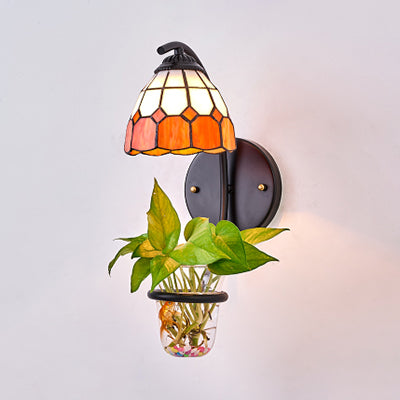 1 Head Grid Patterned Wall Mount Light Tiffany Yellow/Orange/Clear Stained Glass Sconce Light with Plant Decoration Orange Clearhalo 'Industrial' 'Middle century wall lights' 'Tiffany wall lights' 'Tiffany' 'Wall Lamps & Sconces' 'Wall Lights' Lighting' 25235