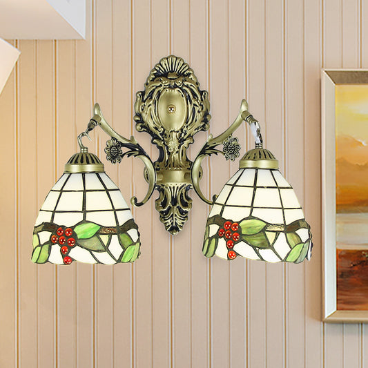 Rustic Tiffany Sconce Lighting Stained Glass 2 Lights Indoor Wall Lighting in Aged Brass Bronze Grape Clearhalo 'Industrial' 'Middle century wall lights' 'Tiffany wall lights' 'Tiffany' 'Wall Lamps & Sconces' 'Wall Lights' Lighting' 252363