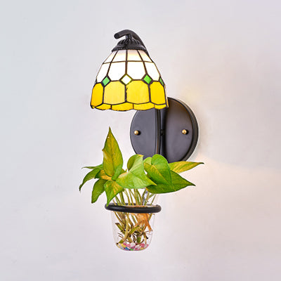 1 Head Grid Patterned Wall Mount Light Tiffany Yellow/Orange/Clear Stained Glass Sconce Light with Plant Decoration Yellow Clearhalo 'Industrial' 'Middle century wall lights' 'Tiffany wall lights' 'Tiffany' 'Wall Lamps & Sconces' 'Wall Lights' Lighting' 25236