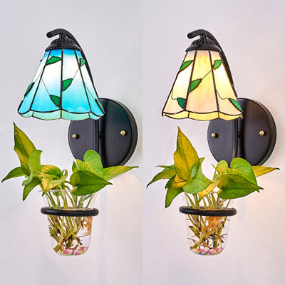Cone Sconce Lighting 1 Head Beige/Blue Glass Tiffany Wall Mount Light with Plant Decoration Clearhalo 'Industrial' 'Middle century wall lights' 'Tiffany wall lights' 'Tiffany' 'Wall Lamps & Sconces' 'Wall Lights' Lighting' 25237