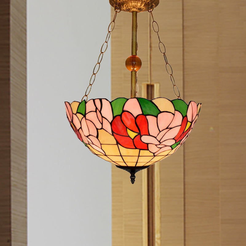 Blossom Inverted Semi Flush Mount Light with Flower/Morning Glory Pattern Tiffany Antique Stained Glass Ceiling Fixture Clearhalo 'Ceiling Lights' 'Chandeliers' 'Close To Ceiling Lights' 'Close to ceiling' 'Glass shade' 'Glass' 'Semi-flushmount' 'Tiffany close to ceiling' 'Tiffany' Lighting' 252372