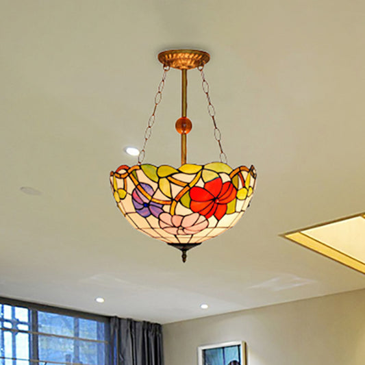 Blossom Inverted Semi Flush Mount Light with Flower/Morning Glory Pattern Tiffany Antique Stained Glass Ceiling Fixture Brass Morning Glory Clearhalo 'Ceiling Lights' 'Chandeliers' 'Close To Ceiling Lights' 'Close to ceiling' 'Glass shade' 'Glass' 'Semi-flushmount' 'Tiffany close to ceiling' 'Tiffany' Lighting' 252373