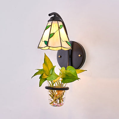 Cone Sconce Lighting 1 Head Beige/Blue Glass Tiffany Wall Mount Light with Plant Decoration Beige Clearhalo 'Industrial' 'Middle century wall lights' 'Tiffany wall lights' 'Tiffany' 'Wall Lamps & Sconces' 'Wall Lights' Lighting' 25238