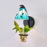 Cone Sconce Lighting 1 Head Beige/Blue Glass Tiffany Wall Mount Light with Plant Decoration Blue Clearhalo 'Industrial' 'Middle century wall lights' 'Tiffany wall lights' 'Tiffany' 'Wall Lamps & Sconces' 'Wall Lights' Lighting' 25239