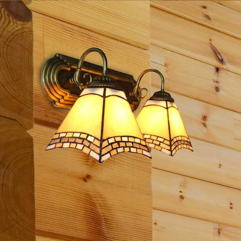 2 Lights Pyramid Wall Lighting with Gooseneck Mission Style Stained Glass Wall Sconce Clearhalo 'Industrial' 'Middle century wall lights' 'Tiffany wall lights' 'Tiffany' 'Wall Lamps & Sconces' 'Wall Lights' Lighting' 252411