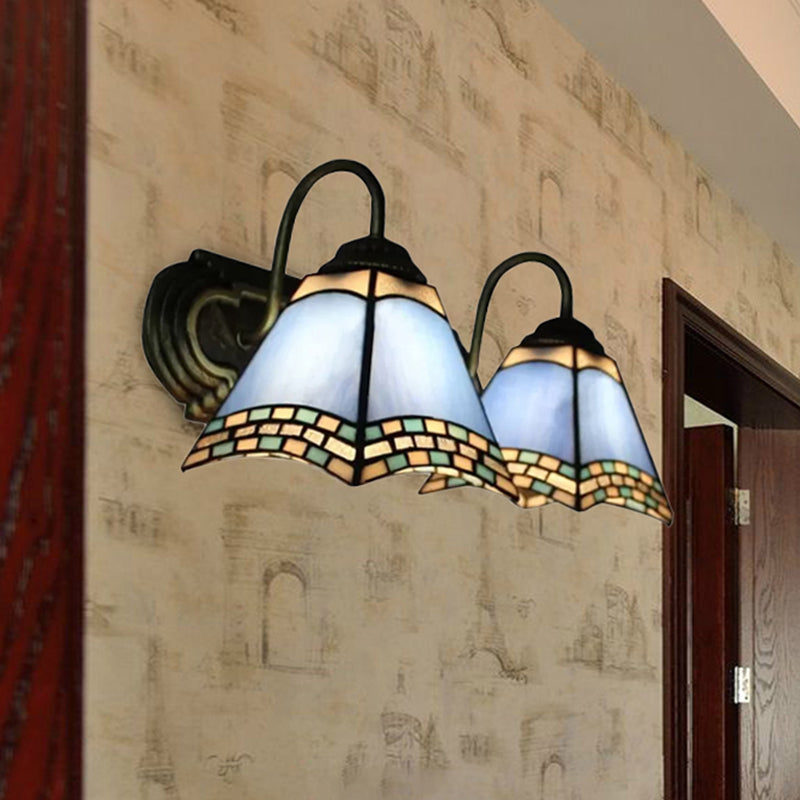 2 Lights Pyramid Wall Lighting with Gooseneck Mission Style Stained Glass Wall Sconce Blue Clearhalo 'Industrial' 'Middle century wall lights' 'Tiffany wall lights' 'Tiffany' 'Wall Lamps & Sconces' 'Wall Lights' Lighting' 252412