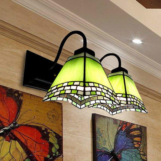 2 Lights Pyramid Wall Lighting with Gooseneck Mission Style Stained Glass Wall Sconce Green Clearhalo 'Industrial' 'Middle century wall lights' 'Tiffany wall lights' 'Tiffany' 'Wall Lamps & Sconces' 'Wall Lights' Lighting' 252414