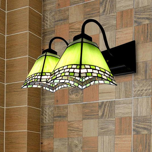 2 Lights Pyramid Wall Lighting with Gooseneck Mission Style Stained Glass Wall Sconce Clearhalo 'Industrial' 'Middle century wall lights' 'Tiffany wall lights' 'Tiffany' 'Wall Lamps & Sconces' 'Wall Lights' Lighting' 252415