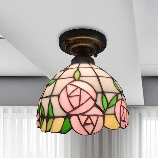 Rustic Tiffany Rose/Morning Glory Flushmount Light 1 Light Stained Glass Ceiling Light in Pink for Cafe Pink Rose Clearhalo 'Ceiling Lights' 'Close To Ceiling Lights' 'Close to ceiling' 'Glass shade' 'Glass' 'Semi-flushmount' 'Tiffany close to ceiling' 'Tiffany' Lighting' 252418