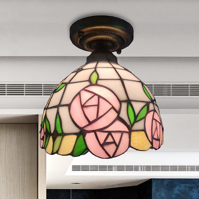 Rustic Tiffany Rose/Morning Glory Flushmount Light 1 Light Stained Glass Ceiling Light in Pink for Cafe Clearhalo 'Ceiling Lights' 'Close To Ceiling Lights' 'Close to ceiling' 'Glass shade' 'Glass' 'Semi-flushmount' 'Tiffany close to ceiling' 'Tiffany' Lighting' 252419