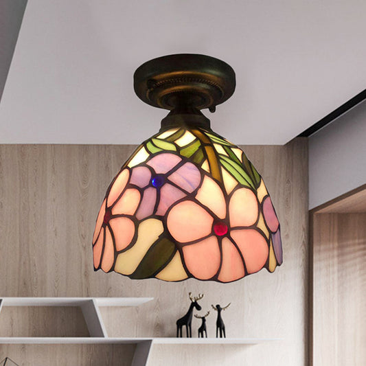 Rustic Tiffany Rose/Morning Glory Flushmount Light 1 Light Stained Glass Ceiling Light in Pink for Cafe Pink Morning Glory Clearhalo 'Ceiling Lights' 'Close To Ceiling Lights' 'Close to ceiling' 'Glass shade' 'Glass' 'Semi-flushmount' 'Tiffany close to ceiling' 'Tiffany' Lighting' 252420