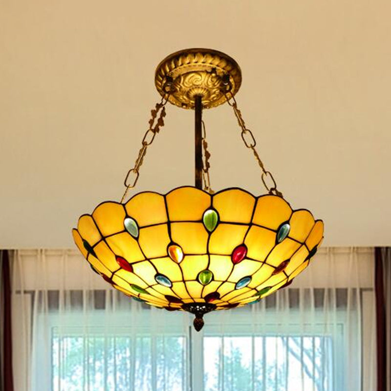 Yellow/Beige Bowl Ceiling Light Retro Style Stained Glass 12"/16"/19.5"/20.5"/23.5" W Semi Flush Light with Jewel Decoration for Bedroom Clearhalo 'Ceiling Lights' 'Close To Ceiling Lights' 'Close to ceiling' 'Glass shade' 'Glass' 'Semi-flushmount' 'Tiffany close to ceiling' 'Tiffany' Lighting' 252494