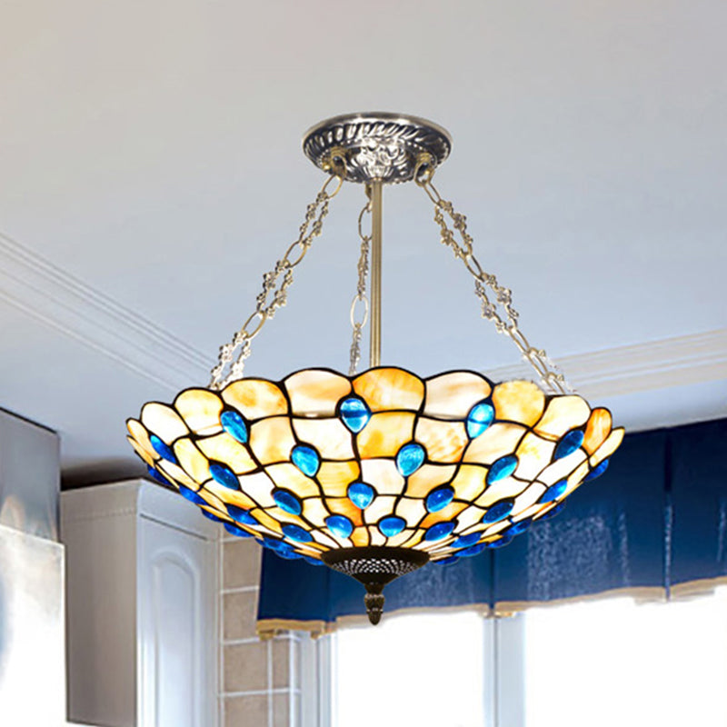 Yellow/Beige Bowl Ceiling Light Retro Style Stained Glass 12"/16"/19.5"/20.5"/23.5" W Semi Flush Light with Jewel Decoration for Bedroom Clearhalo 'Ceiling Lights' 'Close To Ceiling Lights' 'Close to ceiling' 'Glass shade' 'Glass' 'Semi-flushmount' 'Tiffany close to ceiling' 'Tiffany' Lighting' 252495
