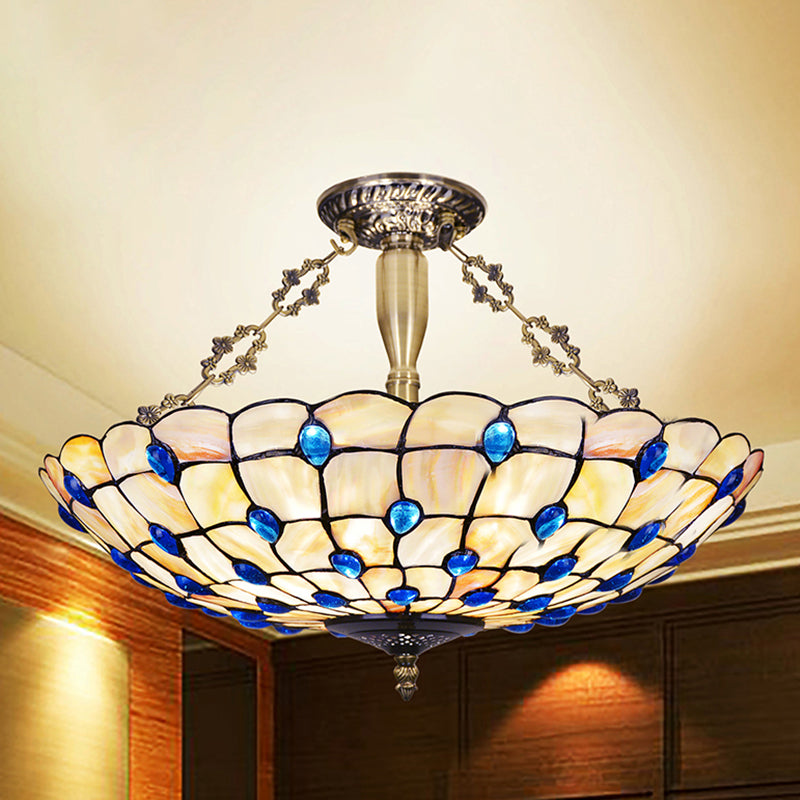 Yellow/Beige Bowl Ceiling Light Retro Style Stained Glass 12"/16"/19.5"/20.5"/23.5" W Semi Flush Light with Jewel Decoration for Bedroom Clearhalo 'Ceiling Lights' 'Close To Ceiling Lights' 'Close to ceiling' 'Glass shade' 'Glass' 'Semi-flushmount' 'Tiffany close to ceiling' 'Tiffany' Lighting' 252496