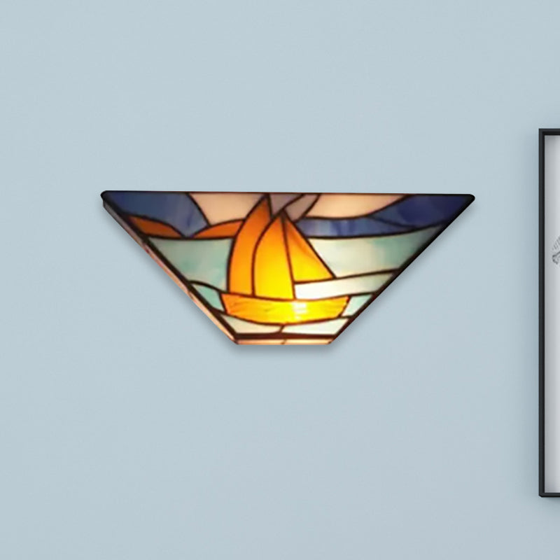 Tiffany Wall Mount Light with Stained Glass Shade Indoor Wall Sconce Light for Living Room Yellow-Blue Trapezoid Clearhalo 'Industrial' 'Middle century wall lights' 'Tiffany wall lights' 'Tiffany' 'Wall Lamps & Sconces' 'Wall Lights' Lighting' 252535