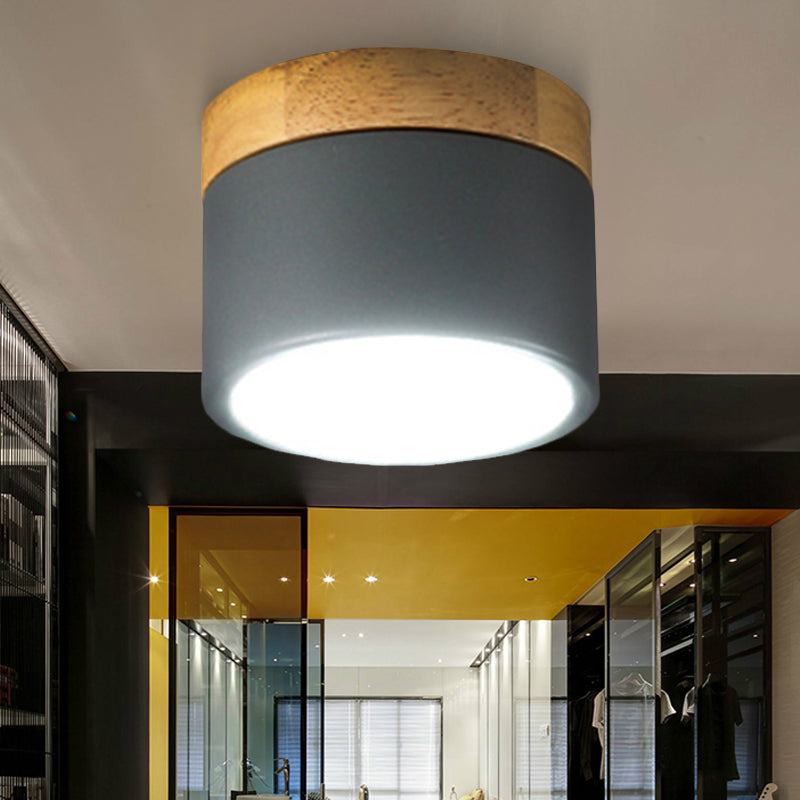 Simple Style Down Light Drum Shape Aluminum Wood Flush Mount Light for Living Room Gallery Grey Clearhalo 'Ceiling Lights' 'Close To Ceiling Lights' 'Close to ceiling' 'Flush mount' Lighting' 252537