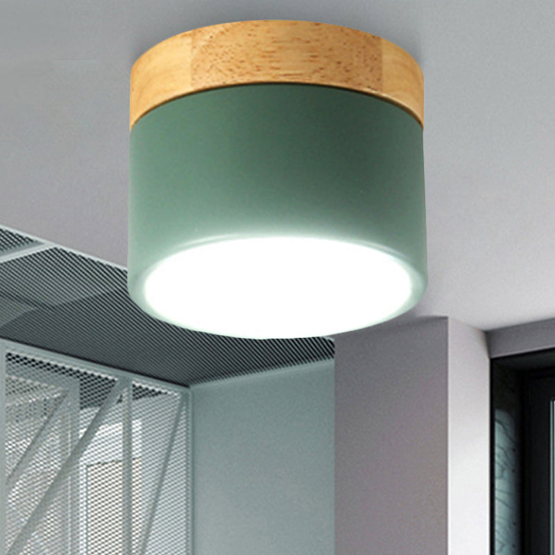 Simple Style Down Light Drum Shape Aluminum Wood Flush Mount Light for Living Room Gallery Green Clearhalo 'Ceiling Lights' 'Close To Ceiling Lights' 'Close to ceiling' 'Flush mount' Lighting' 252539