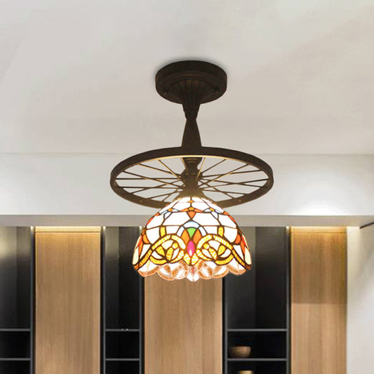 Tiffany Domed Semi Flush Mount Light with Wheel 1 Bulb Stained Glass Ceiling Light in Orange/Beige for Bedroom Beige Clearhalo 'Ceiling Lights' 'Close To Ceiling Lights' 'Close to ceiling' 'Glass shade' 'Glass' 'Semi-flushmount' 'Tiffany close to ceiling' 'Tiffany' Lighting' 252552