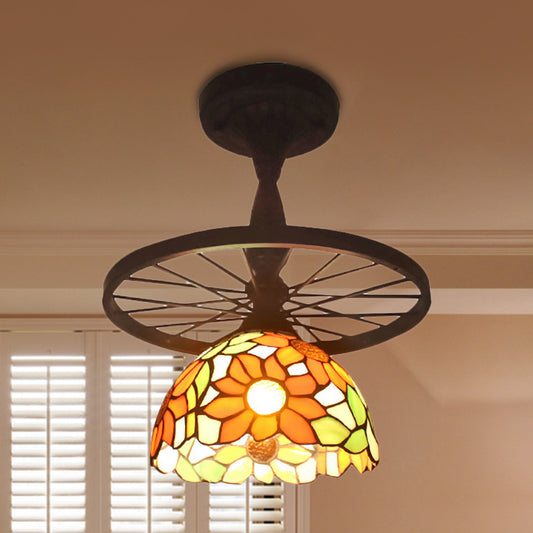 Tiffany Domed Semi Flush Mount Light with Wheel 1 Bulb Stained Glass Ceiling Light in Orange/Beige for Bedroom Orange Clearhalo 'Ceiling Lights' 'Close To Ceiling Lights' 'Close to ceiling' 'Glass shade' 'Glass' 'Semi-flushmount' 'Tiffany close to ceiling' 'Tiffany' Lighting' 252554